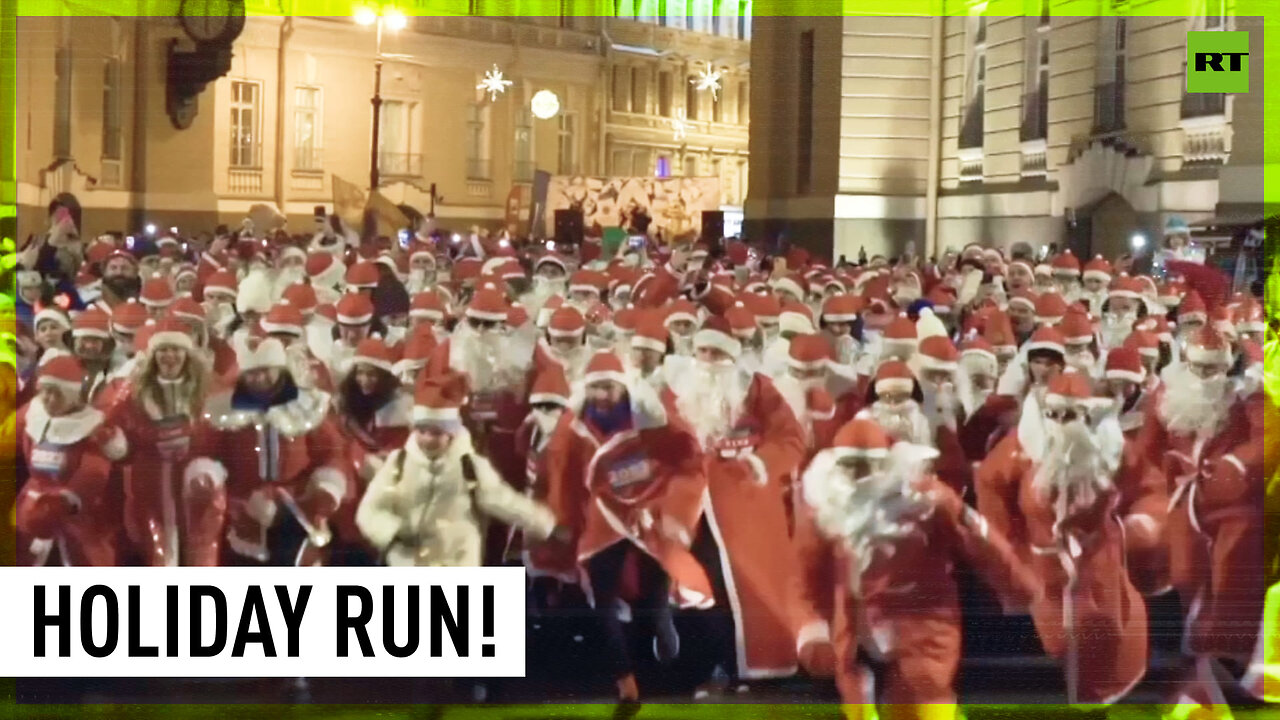 Frosty run Race in Russian Christmas character costumes takes place in St. Petersburg
