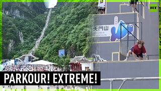 Competitors show off their PARKOUR skills at China's Tianmen Mountain