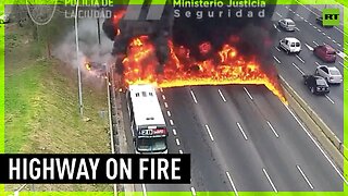 Highway in flames after bus catches fire in Argentina