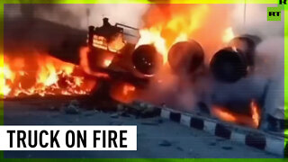 Truck bursts into flames on Indian highway